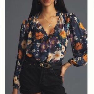 Anthropologie Blue Floral Blouse